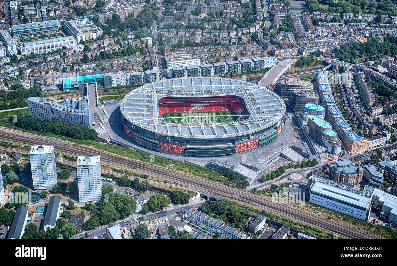 Una vista aérea del Emirates Stadium o Ashburton Grove, hogar de Arsenal Football Club en Islington, Londres, Inglaterra. Foto de stock