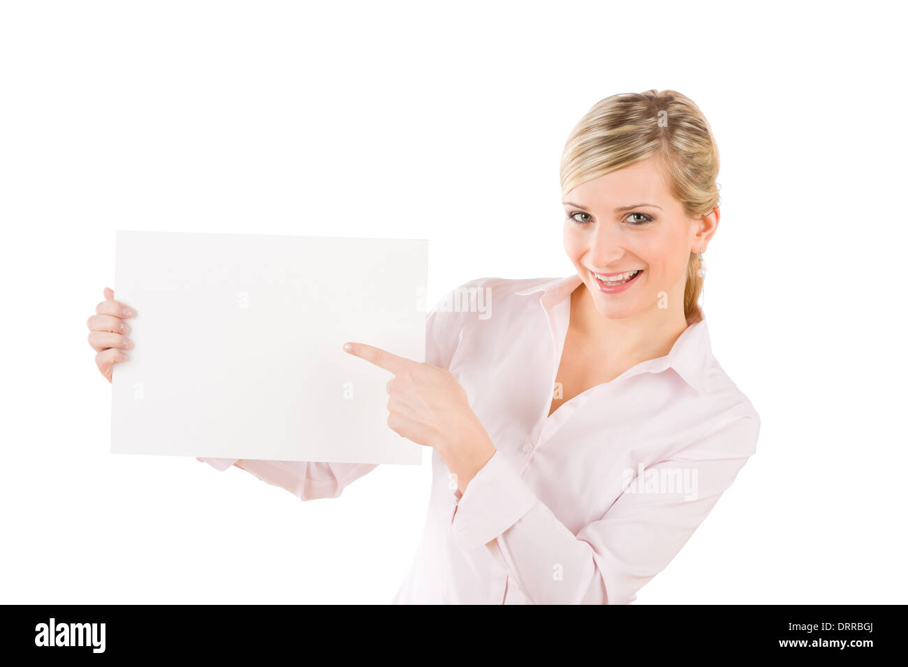 La empresaria apuntando a un lado a bandera blanca Foto de stock