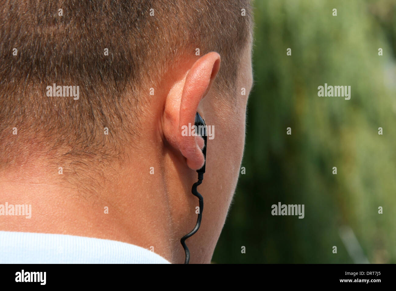 Atrás de la cabeza masculina con auricular Foto de stock