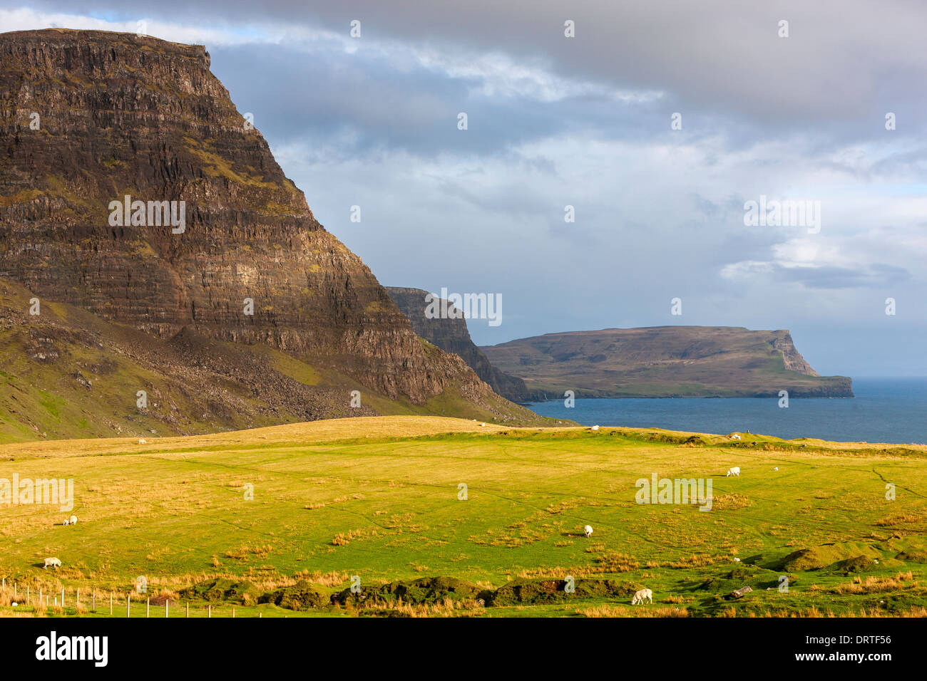 Una vista hacia Ramasaig Waterstein Head y acantilados, Moonen Bay, Isla de Skye, Inner Hebrides (Escocia, Reino Unido, Europa. Foto de stock