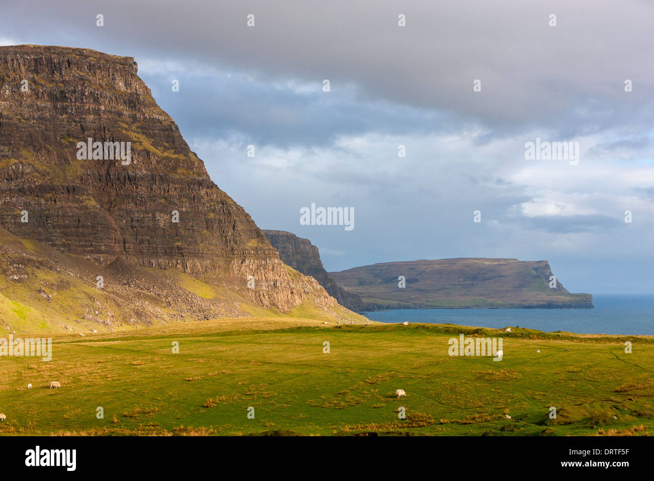 Una vista hacia Ramasaig Waterstein Head y acantilados, Moonen Bay, Isla de Skye, Inner Hebrides (Escocia, Reino Unido, Europa. Foto de stock