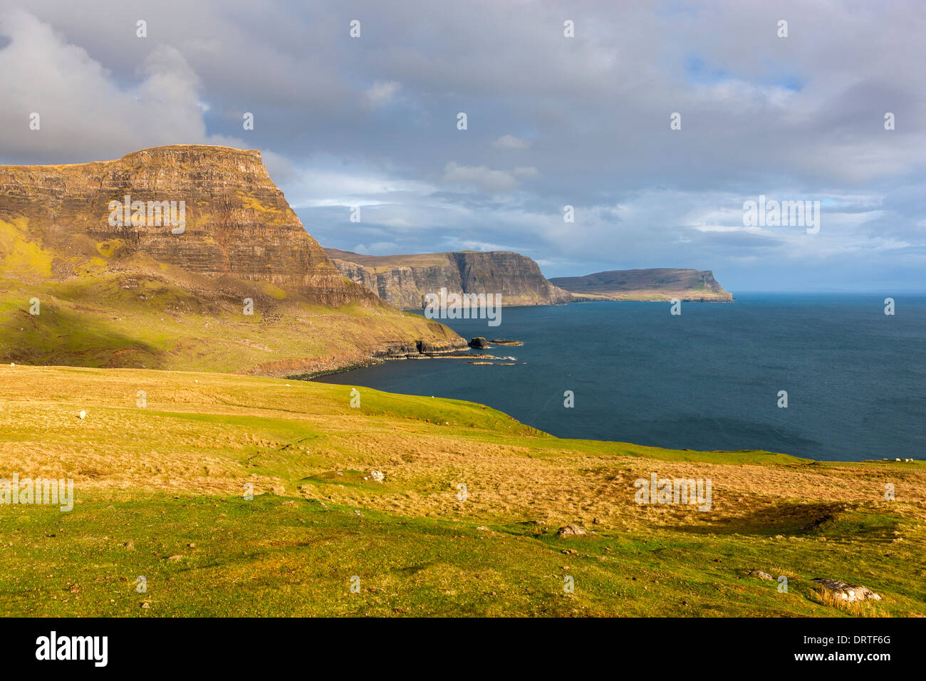 Una vista hacia Ramasaig Waterstein Head y acantilados, Moonen Bay, Isla de Skye, Inner Hebrides (Escocia, Reino Unido, Europa. Foto de stock