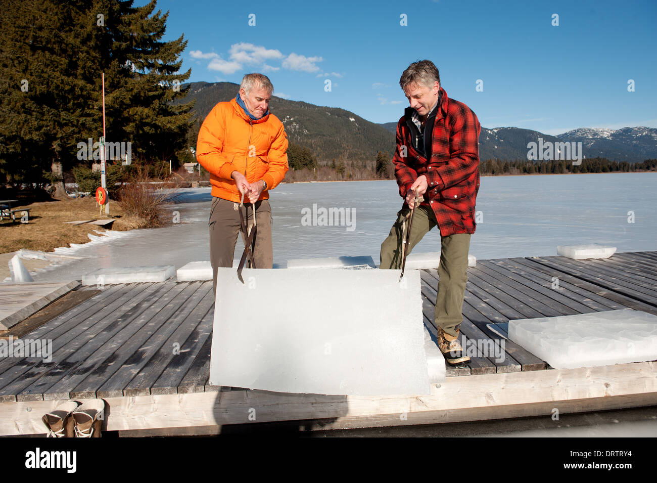 Los hombres cosechar bloques de hielo de un lago congelado con una motosierra para la cosecha de manzanas para un concurso de tallado de hielo. Whistler BC, Canadá Foto de stock
