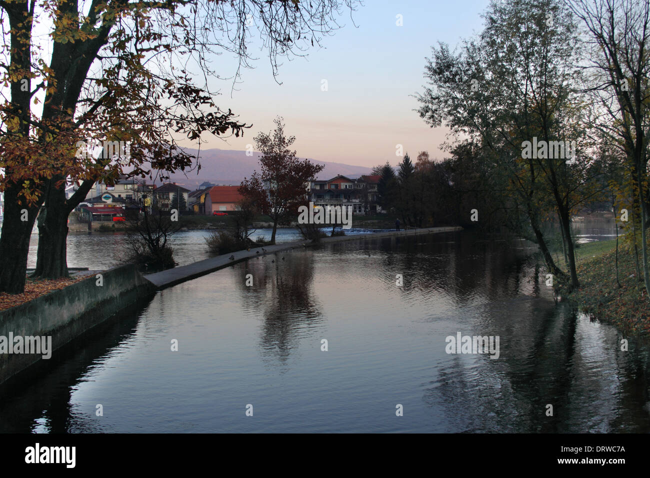 HDR, bosques, árboles, sol, cielo azul, naturaleza verde, soleado, brillante, flare, campo, Bosnia, Bihac, río, Anu, Sunset Foto de stock