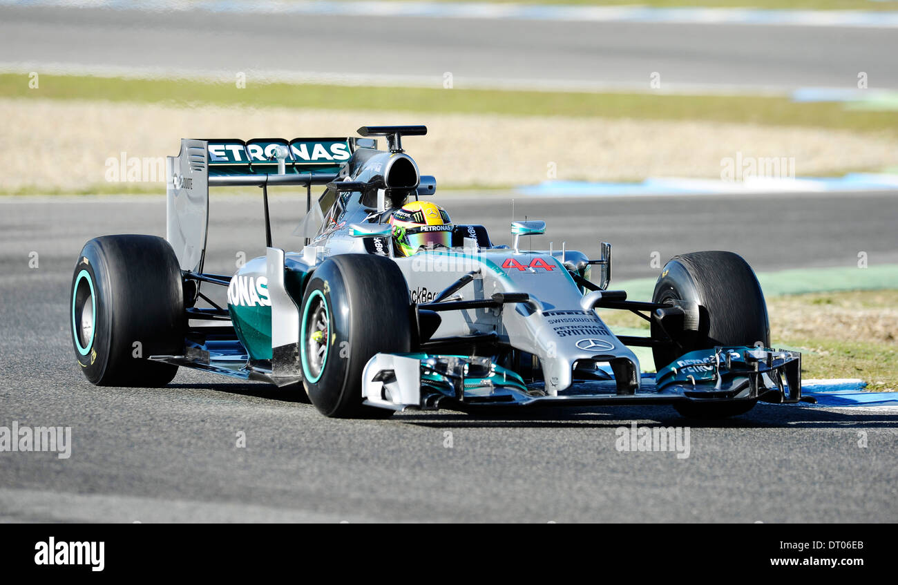 Lewis Hamilton (GBR), Mercedes F1 W05 durante las pruebas de Fórmula Uno en Jerez, España, Feb.2014 Foto de stock