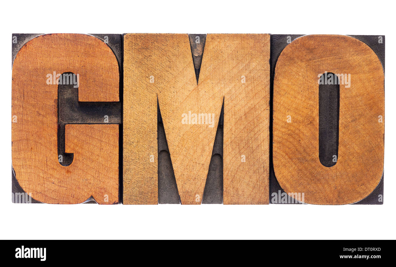 Omg (organismos modificados genéticamente) acrónimo - texto aislado en vintage tipografía tipo de madera Foto de stock