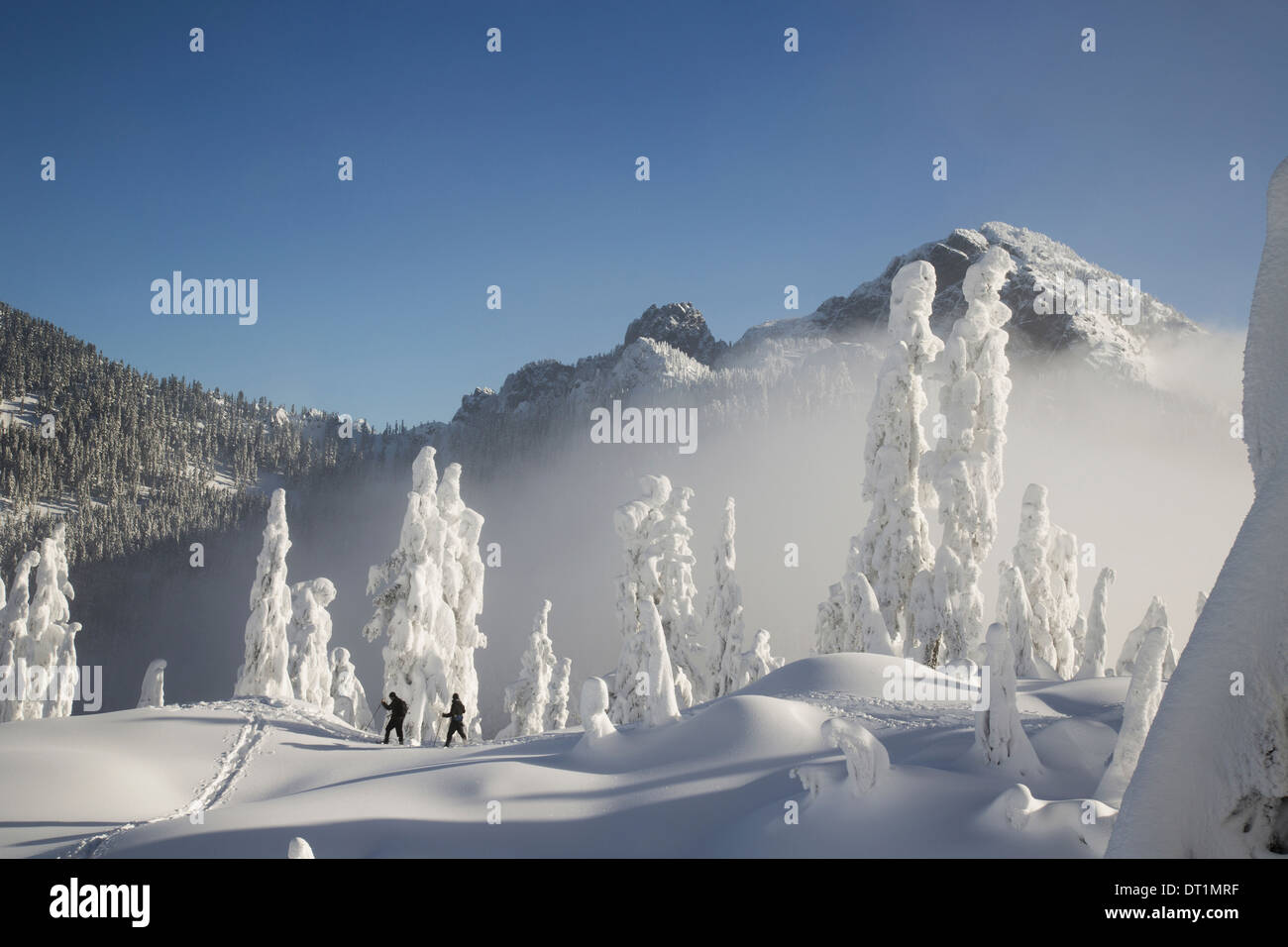 Dos excursionistas disfrutar de un pájaro azul día en medio del invierno en los picos nevados de las Montañas Cascade Foto de stock