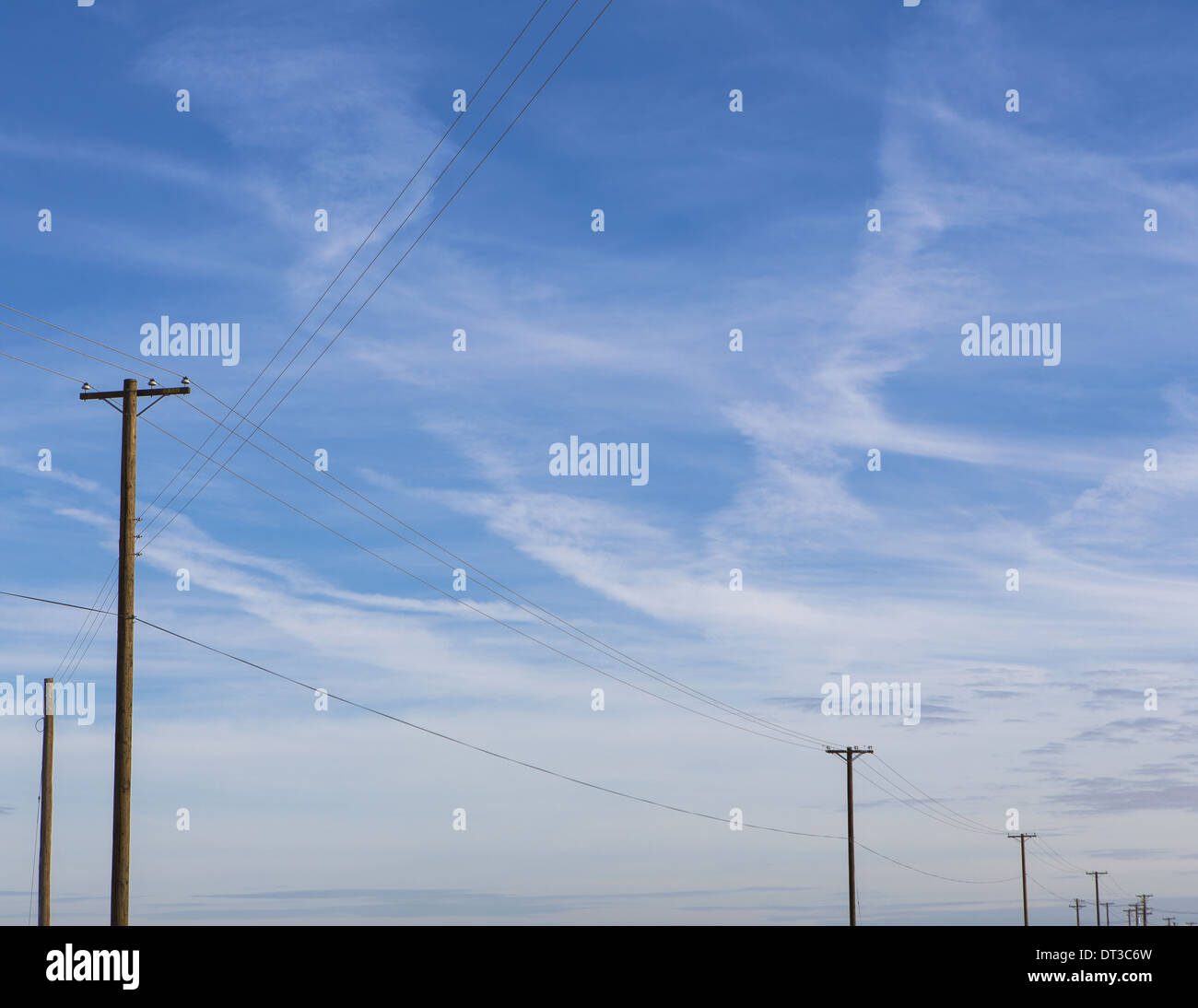 Postes de teléfono y líneas eléctricas en una línea a lo largo del paisaje en Belridge, California. Foto de stock