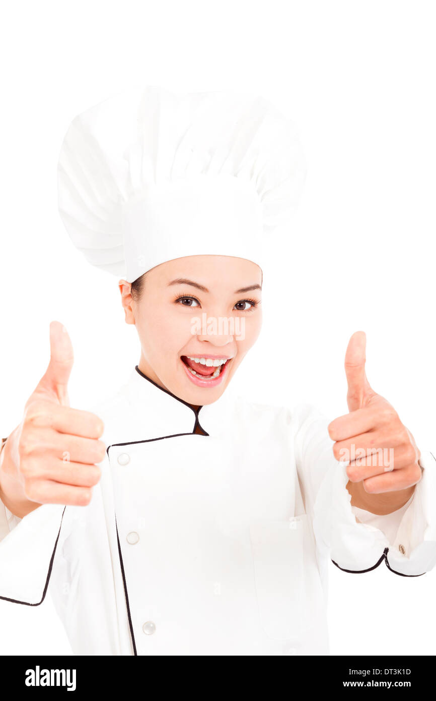 Mujer asiática chef, cocinero o panadero mostrando Thumbs up sobre blanco Foto de stock