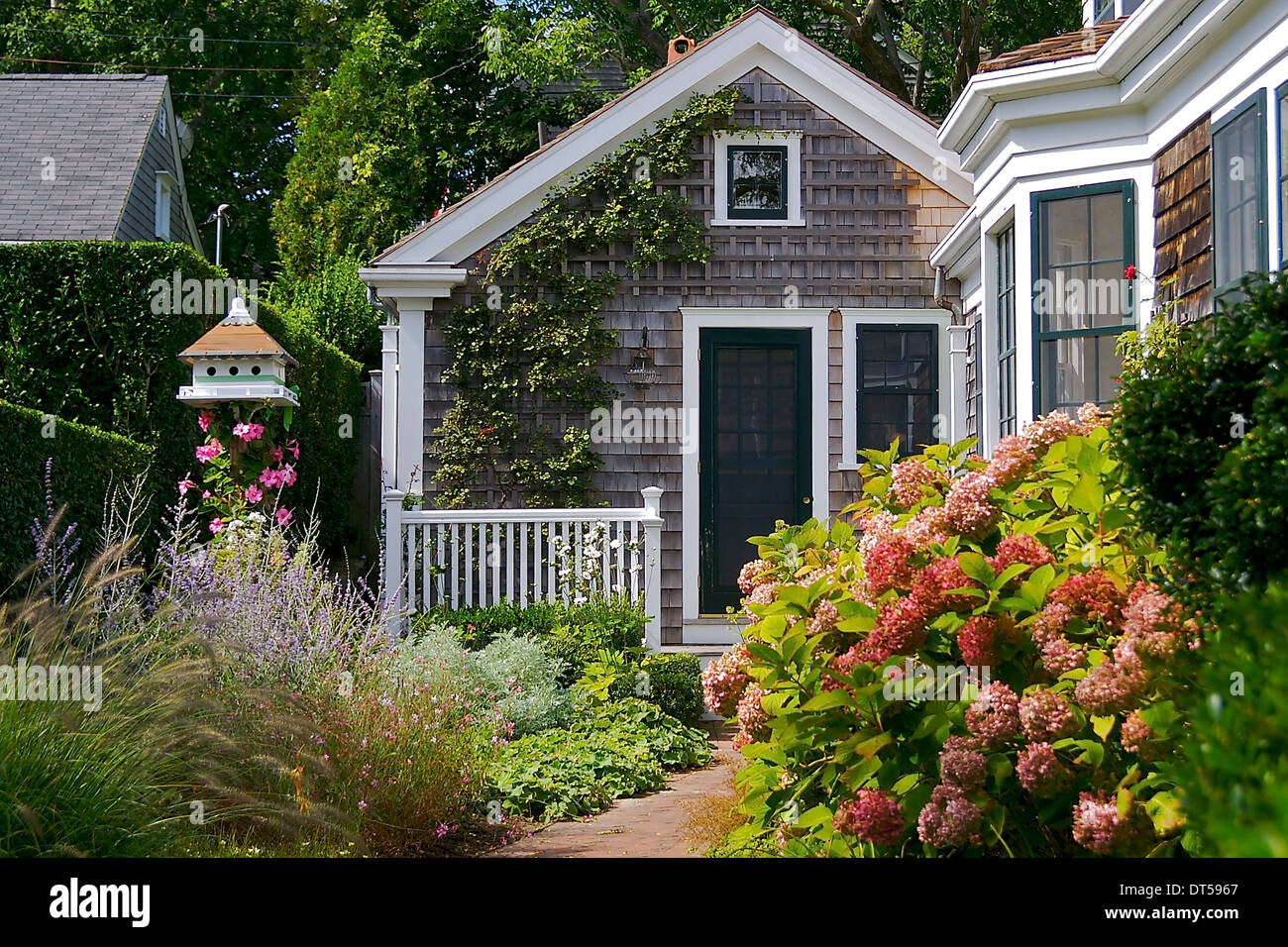 Una casa bonita casita para aves y rodeado de flores y vegetación exuberante Foto de stock