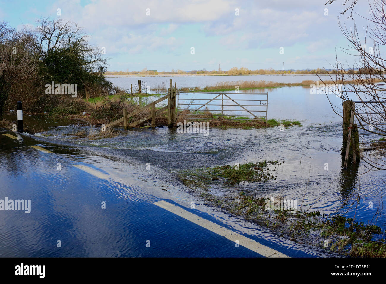 Los niveles de inundación, Somerset, Reino Unido, 2014. Camino inundado y tierras agrícolas en West juncia Moor Foto de stock