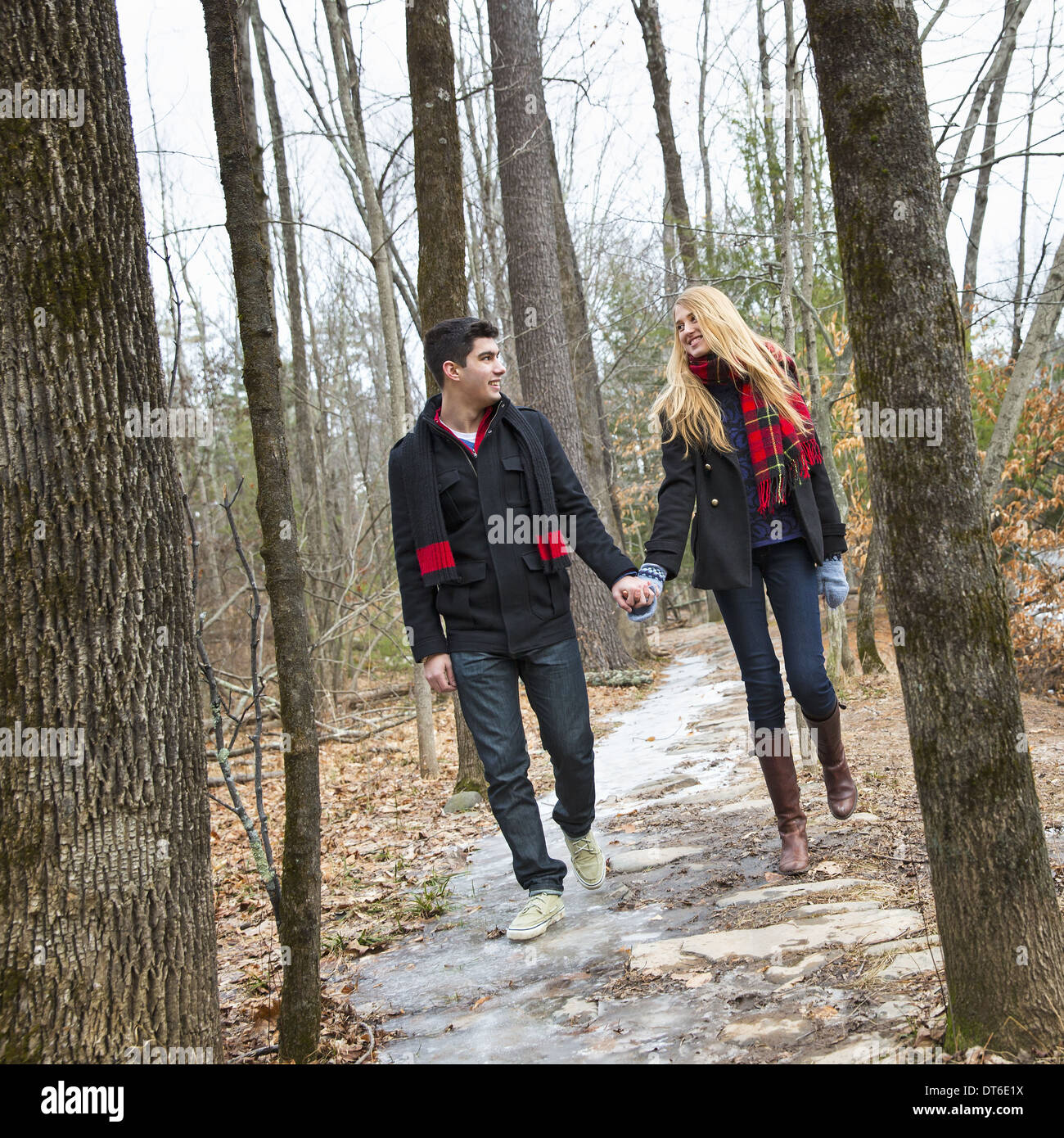 Una pareja caminando de la mano a través de un bosque en invierno. Foto de stock