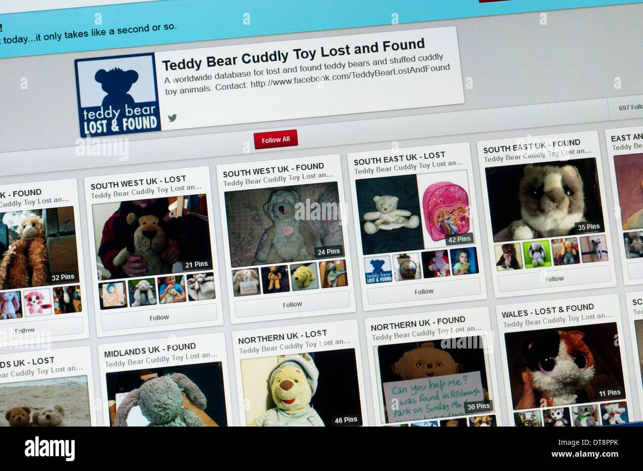 El Osito de peluche Perdido y encontrado el sitio - una base de datos mundial de Lost&Found juguetes de peluche. Foto de stock