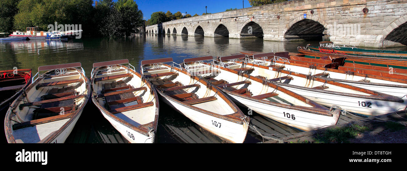 Una línea de alquiler de embarcaciones de remo amarrado por el río Avon, Stratford-upon-Avon ciudad, Warwickshire, Inglaterra; Inglaterra; UK Foto de stock