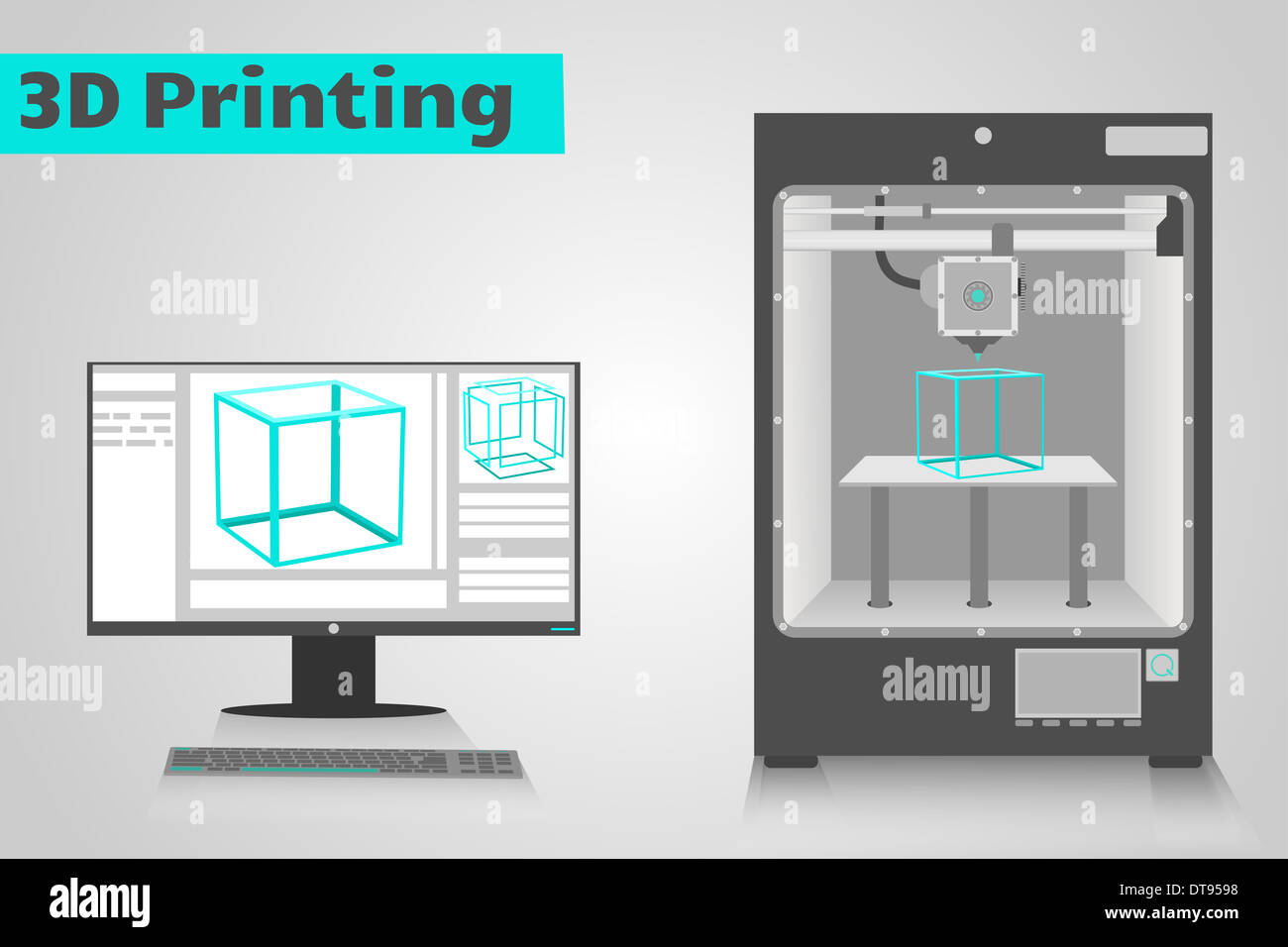 La impresora 3D de impresión cian de un cubo de plástico del equipo. Monitor  LCD muestra la interfaz de usuario del software con cubo 3D modelo  Fotografía de stock - Alamy