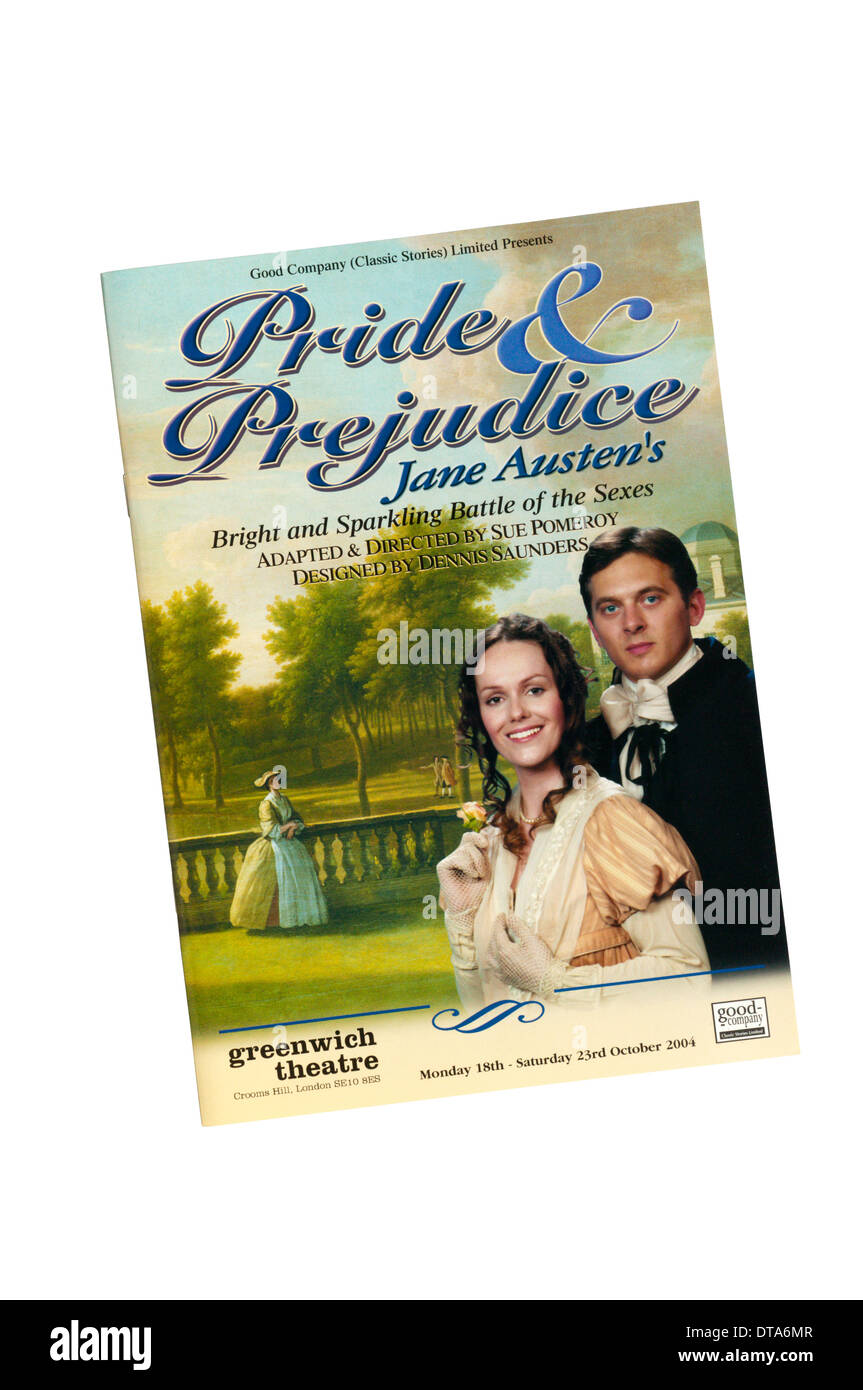 Programa para el 2004 Buena compañía producción de Orgullo y Prejuicio de Jane Austen, adaptada por Sue Pomeroy, en Greenwich Theatre Foto de stock