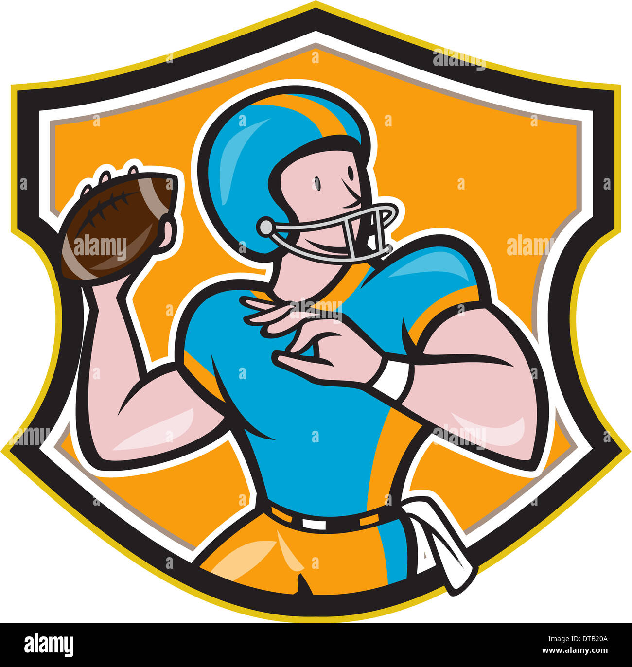 Ilustración de un balón de fútbol americano gridiron quarterback jugador lanzando la bola mirando hacia el lado dentro de Crest escudo de fondo realizado en estilo de dibujos animados Fotografía de stock - Ilustración de un balón de fútbol americano gridiron quarterback jugador lanzando la bola mirando hacia el lado dentro de Crest escudo de fondo realizado en estilo de dibujos animados Fotografía de stock -
