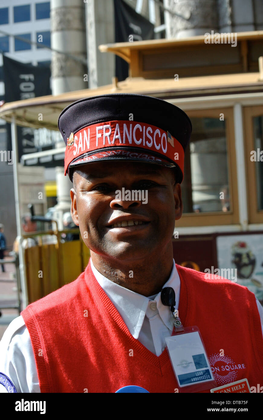 Wayne embajador de plomo para Union square plantea la puja para la cámara en el Wowell st. Paseo de San Francisco. Foto de stock