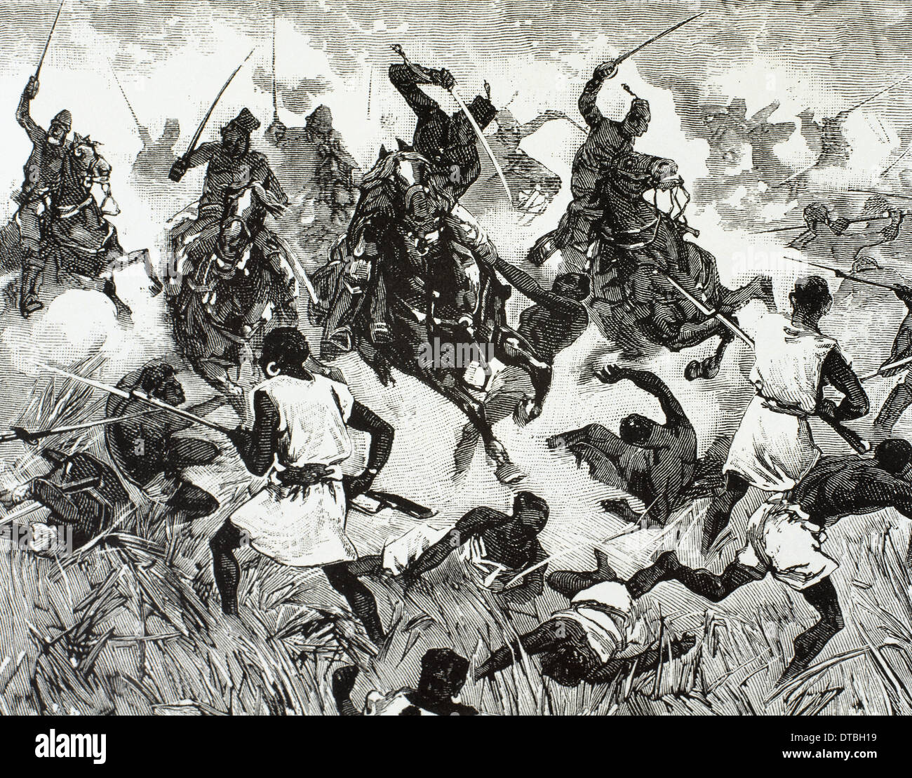 El colonialismo francés. Niger superior. Bambara atacar la misión francesa a la ciudad de Dio, 1881. Grabado. Foto de stock