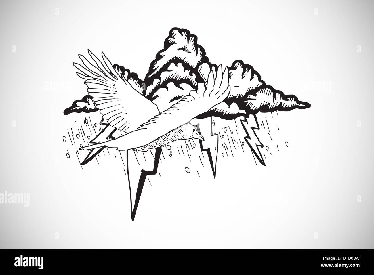 Imagen compuesta de pájaro volando en una tormenta doodle Foto de stock