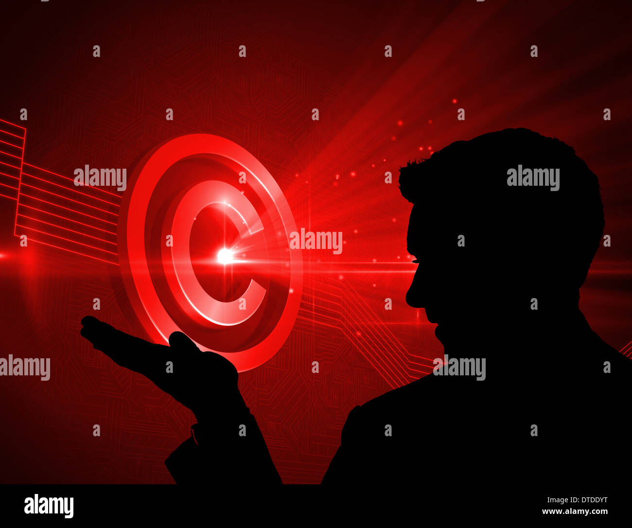Imagen compuesta de color rojo brillante icono de copyright sobre fondo negro Foto de stock