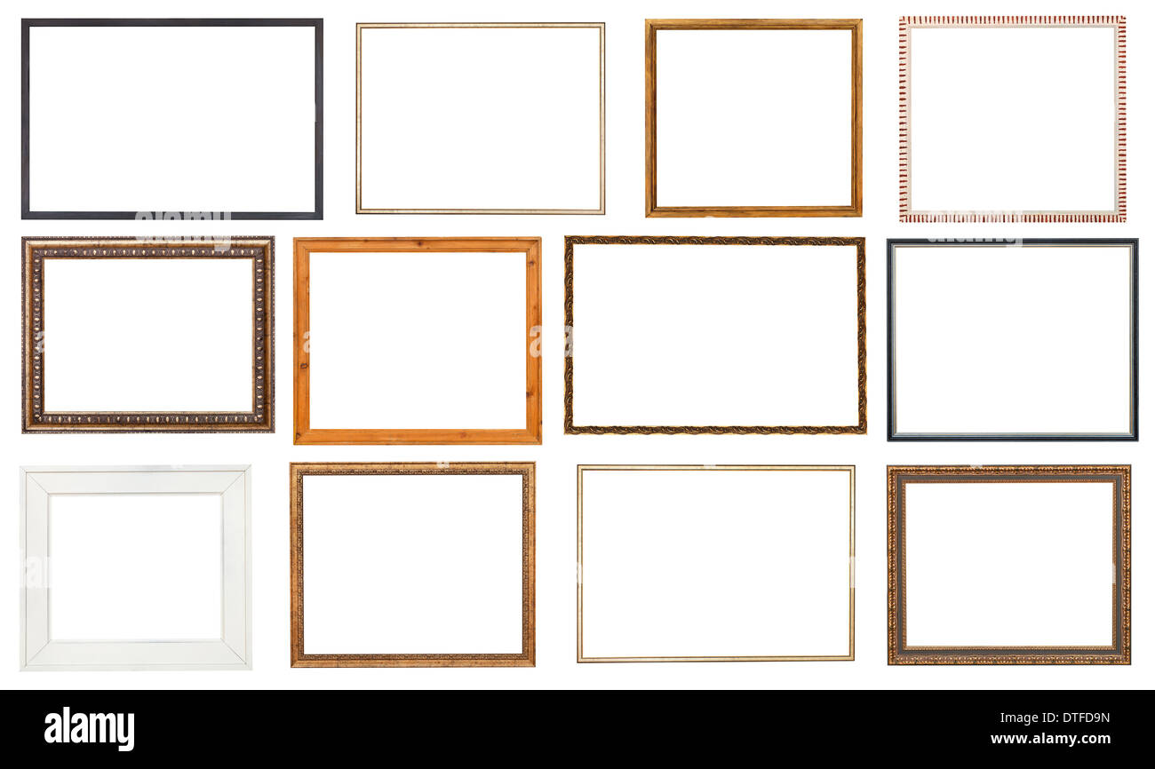 Establecer el marco de imagen de madera con recortar el lienzo aislado sobre fondo blanco. Foto de stock
