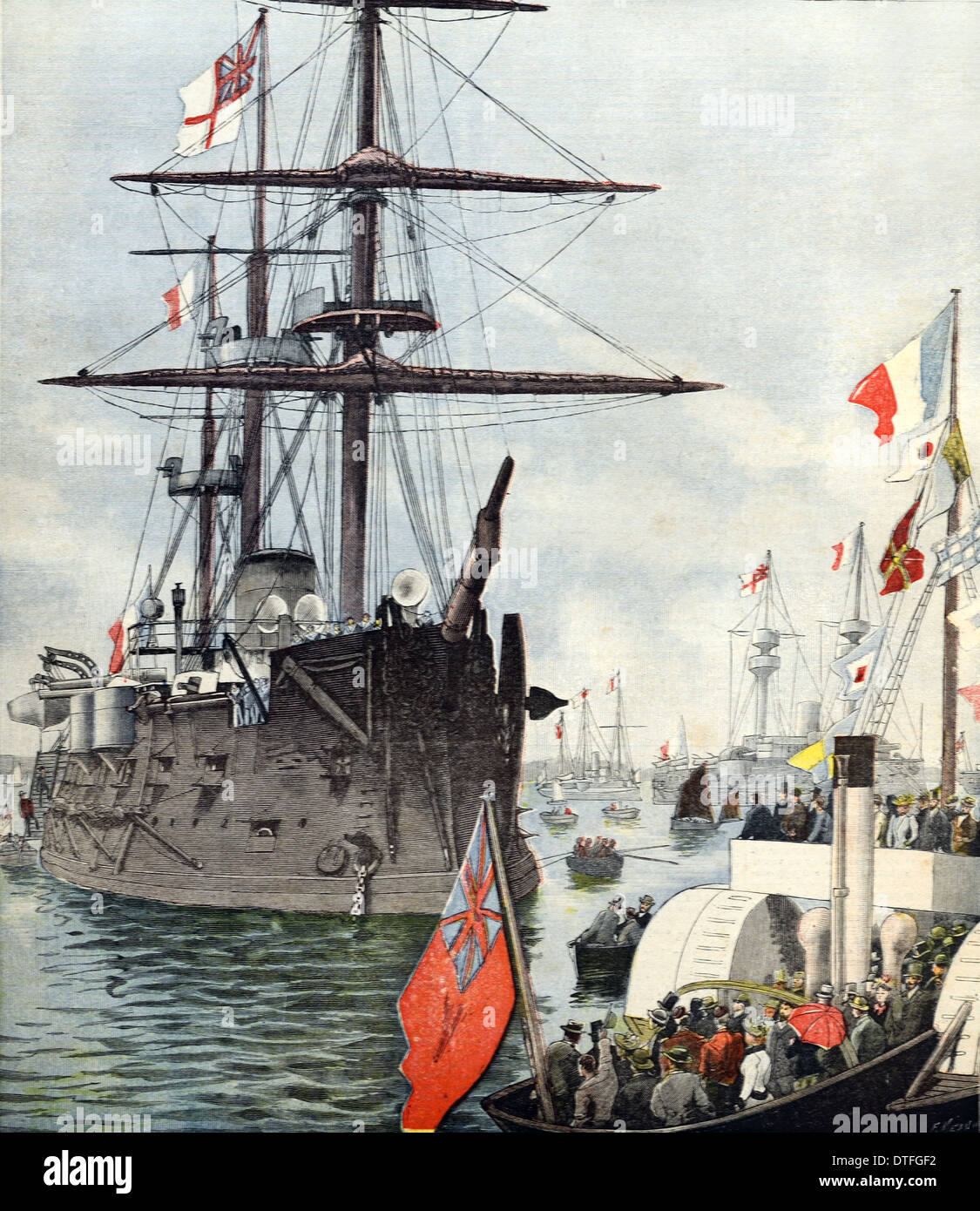 Marina Francesa o flota en el puerto de Portsmouth Harbour o Puerto Inglaterra 1891 Foto de stock