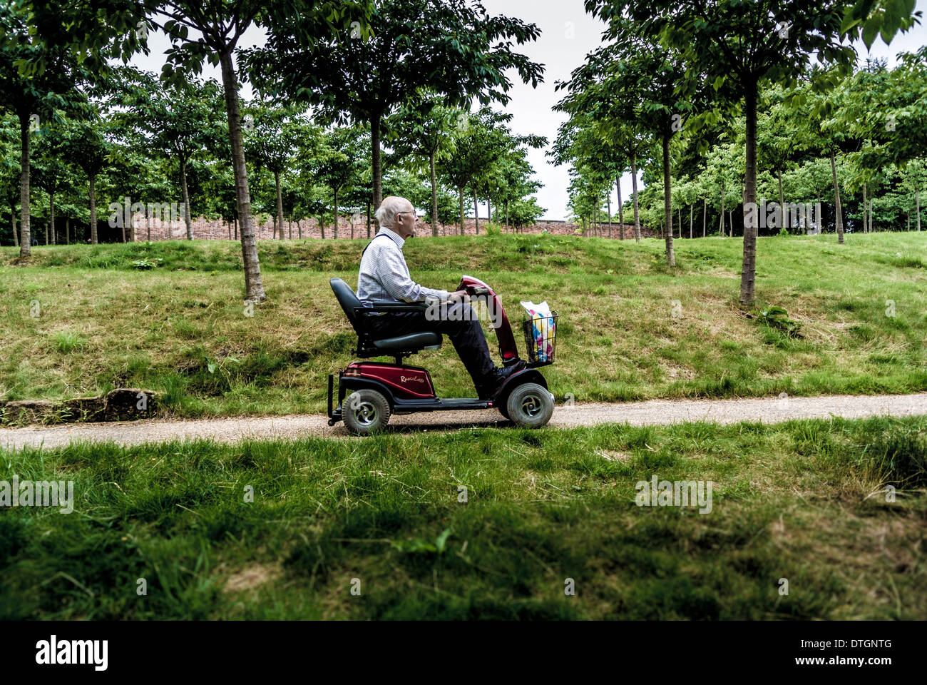 Pensionista en un scooter de movilidad, en un parque. Foto de stock