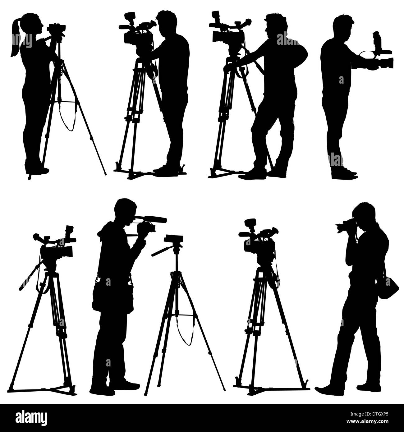 El camarógrafo con cámara de vídeo. Siluetas sobre fondo blanco. Ve