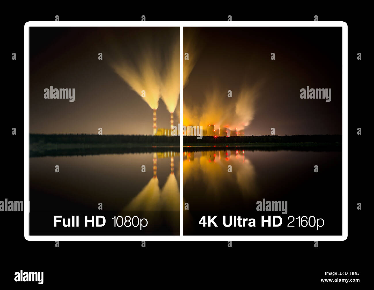 Pantalla de tv de 4K con la comparación de las resoluciones. Ultra HD en el televisor moderno Foto de stock