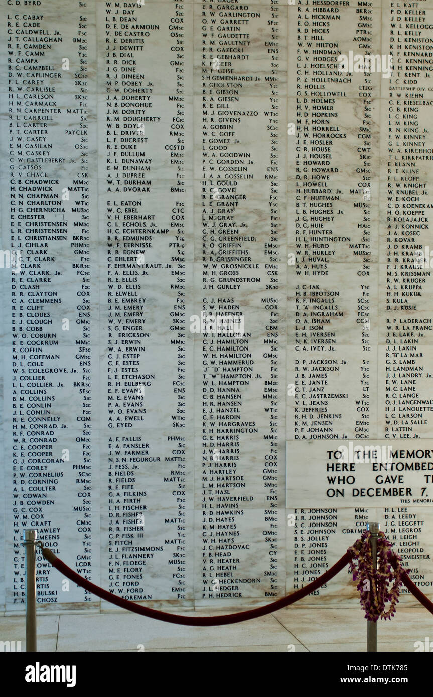 Muro de nombres en el USS Arizona Memorial, Pearl Harbor, Oahu, Hawaii Foto de stock