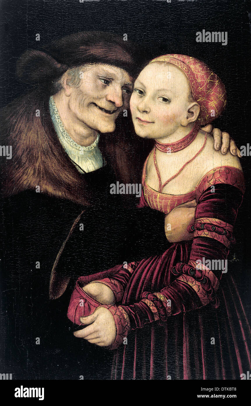 Lucas Cranach, la pareja Ill-Matched 1517 Óleo sobre panel. Museu Nacional d'Art de Catalunya, Barcelona, España. Foto de stock