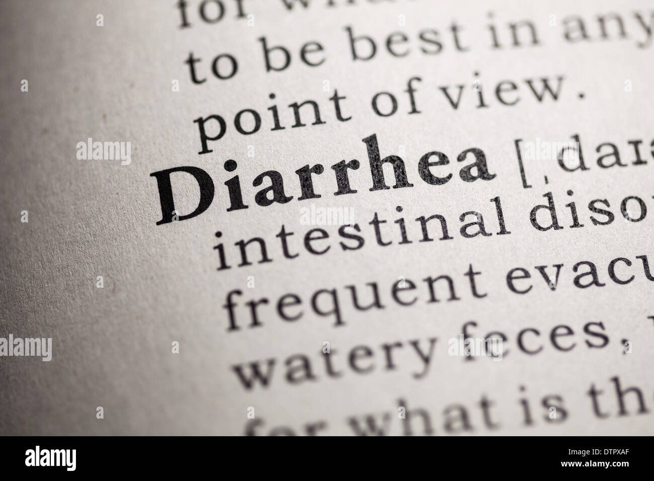 Diccionario de falsos, definición de diccionario de la palabra diarrea. Foto de stock
