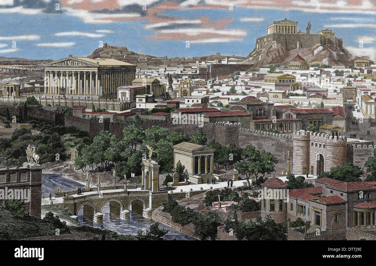 Grecia. Atenas. En el siglo I AC. Ciudad del Este, en el tiempo de Adriano. Grabado por J. Buhlmann, 1886. (Más tarde coloración) Foto de stock