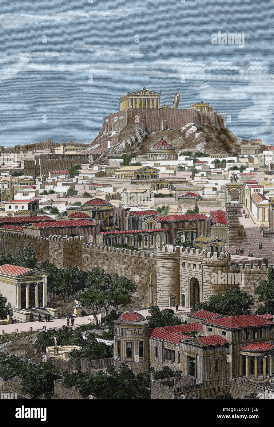 Grecia. Atenas. En el siglo I AC. Ciudad del Este, en el tiempo de Adriano. Grabado por J. Buhlmann, 1886. (Más tarde coloración) Foto de stock