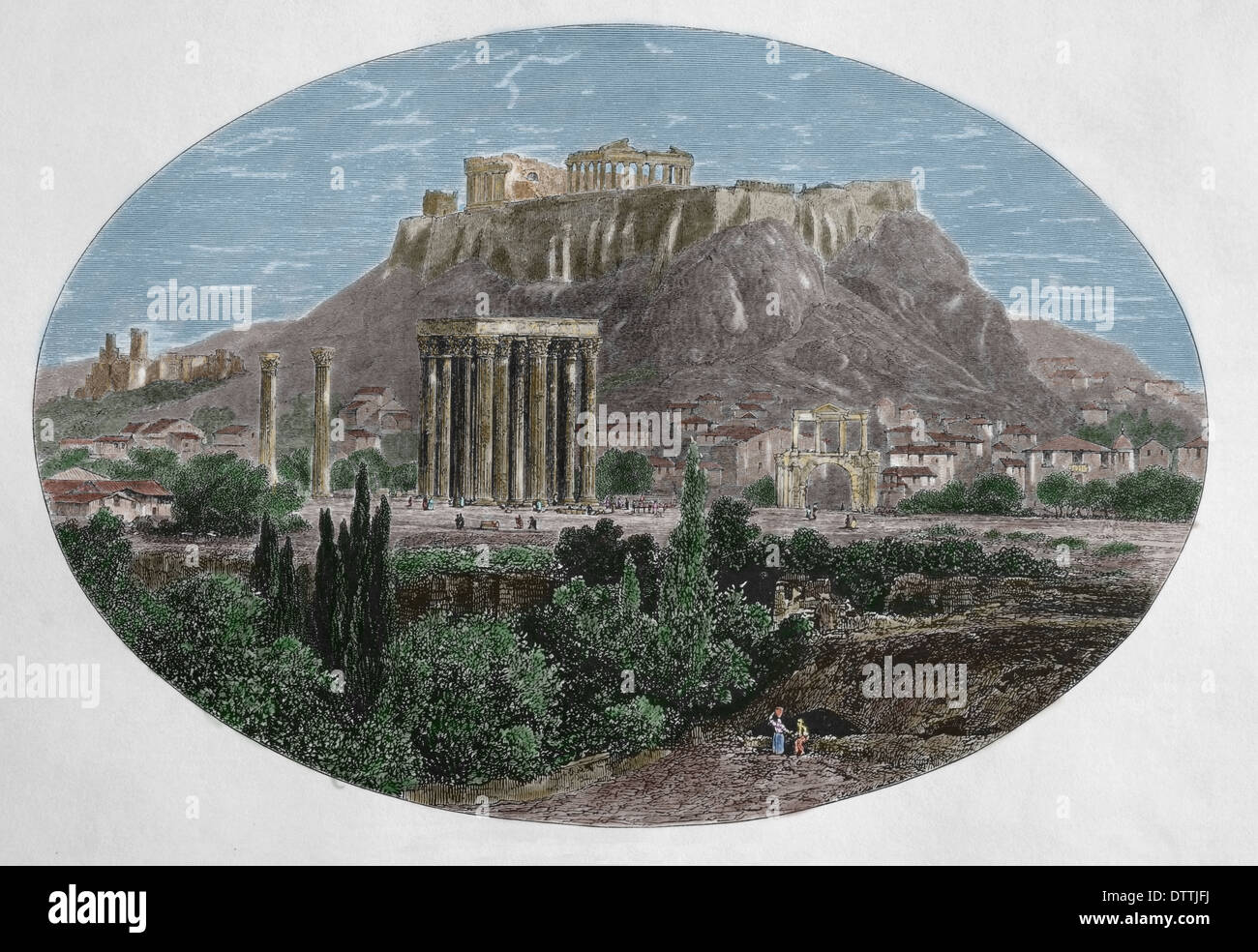 Grecia. Atenas. Templo de Júpiter y la Acrópolis de Atenas. Grabado en madera por Edward Whymper, 1879. (Más tarde coloración). Foto de stock