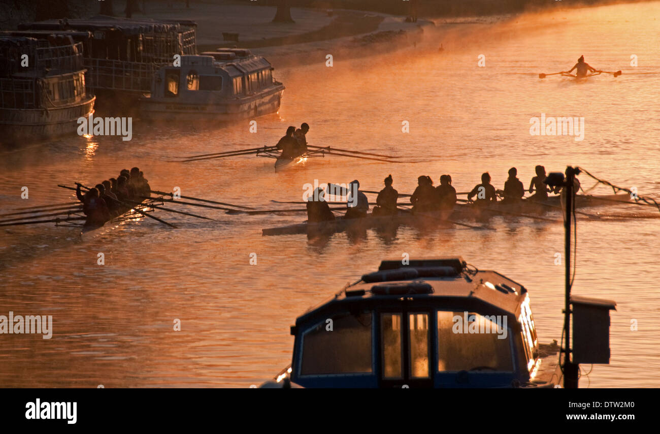 Las tripulaciones y embarcaciones de remo en el río Támesis, Oxford, Reino Unido Foto de stock