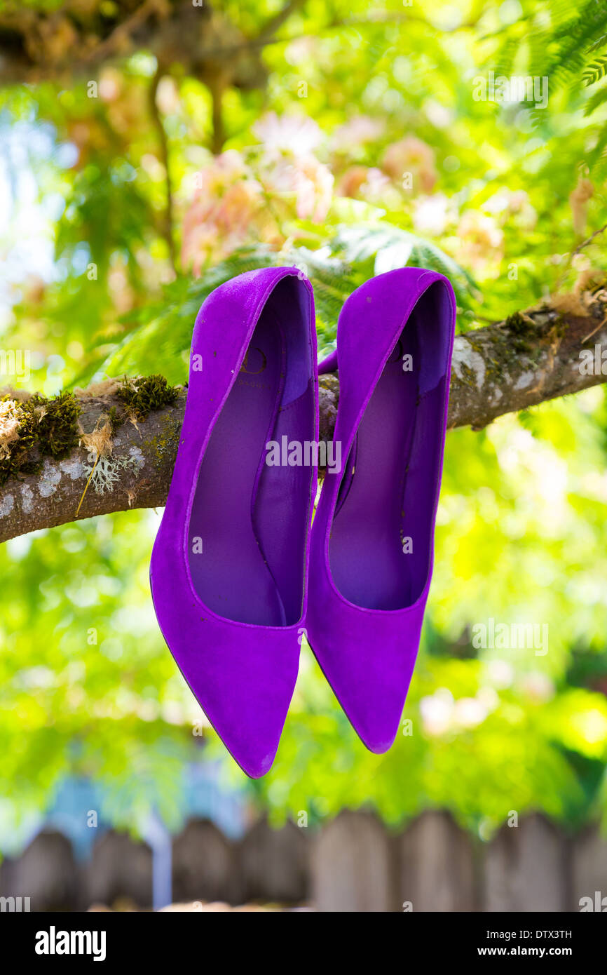 Zapatos de novia para boda en púrpura antes de la novia les ha colocado en sus pies en el día de la boda. Foto de stock