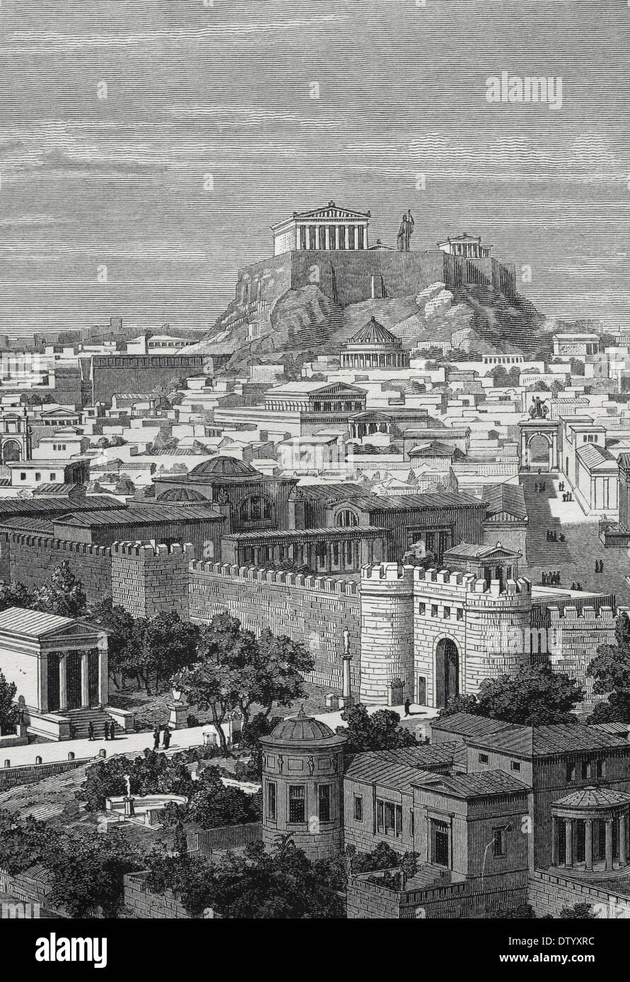 Grecia. Atenas. En el siglo I AC. Ciudad del Este, en el tiempo de Adriano. Grabado por J. Buhlmann, 1886. Foto de stock