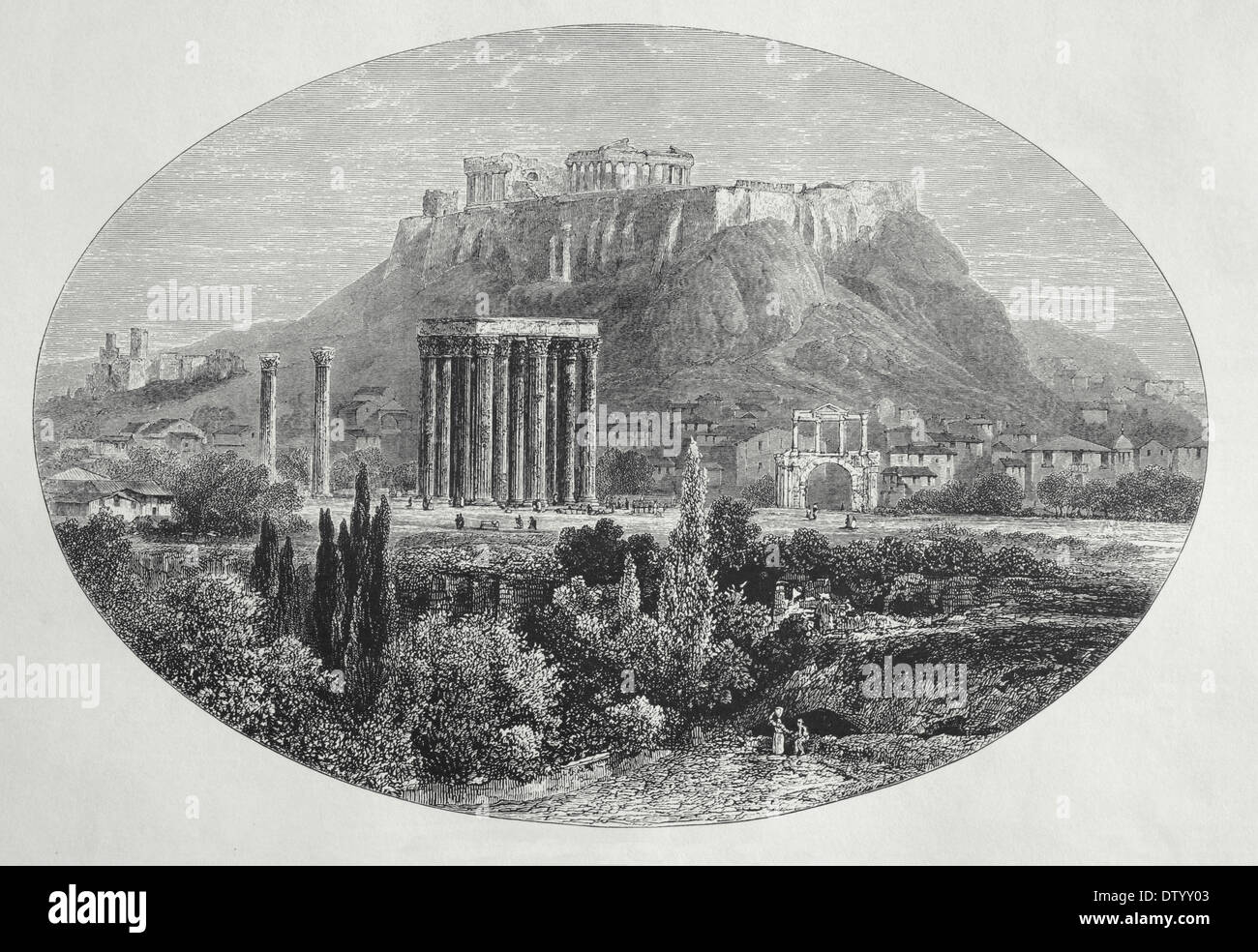 Grecia. Atenas. Templo de Júpiter y la Acrópolis de Atenas. Grabado en madera por Edward Whymper, 1879. Foto de stock