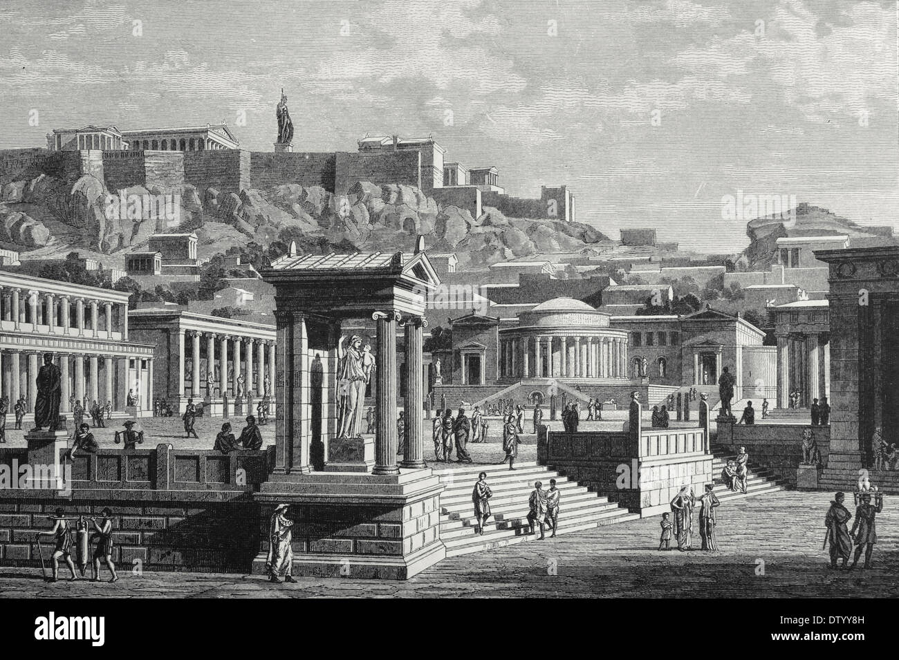 Atenas. Agora o mercado. Grabado por J. Buhlmann, 1881. Foto de stock