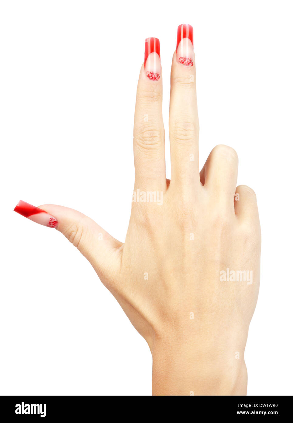 Mano con uñas manicura francesa rojo acrílico y pintura de fondo blanco  aislado Fotografía de stock - Alamy