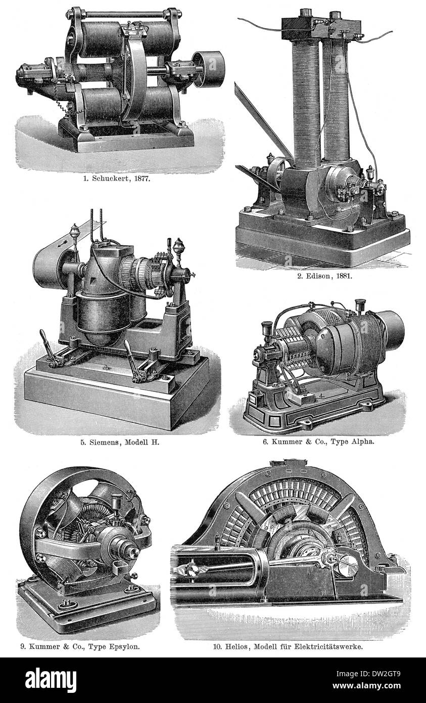 Ilustración histórica de 1894, generadores, historische Dynamomaschinen ...
