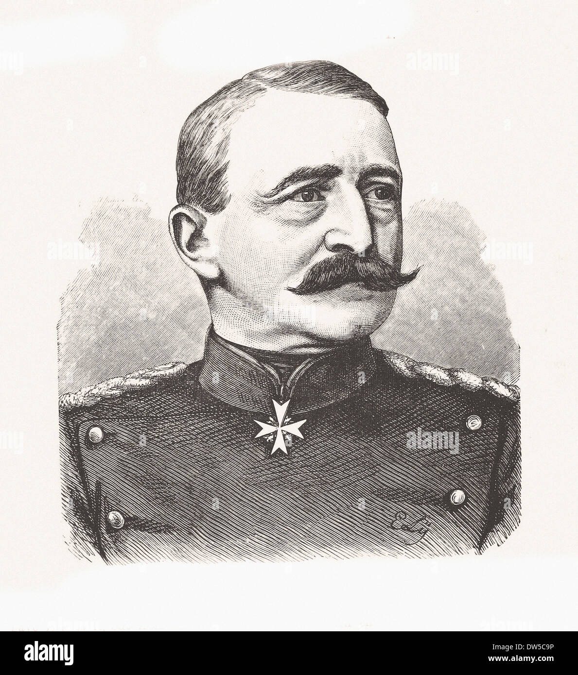 Retrato de lieutenant général von Obernitz - Grabado del siglo XIX. Foto de stock