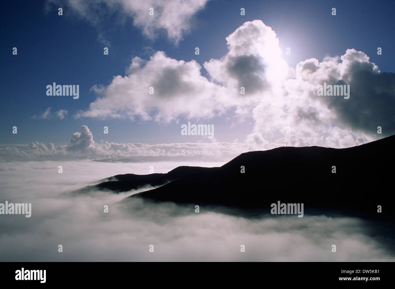 Niebla en el valle Pyles Pico de crestas Kwaay cumbre Paay Ridge, Mission Trails Regional Park, en San Diego, California Foto de stock