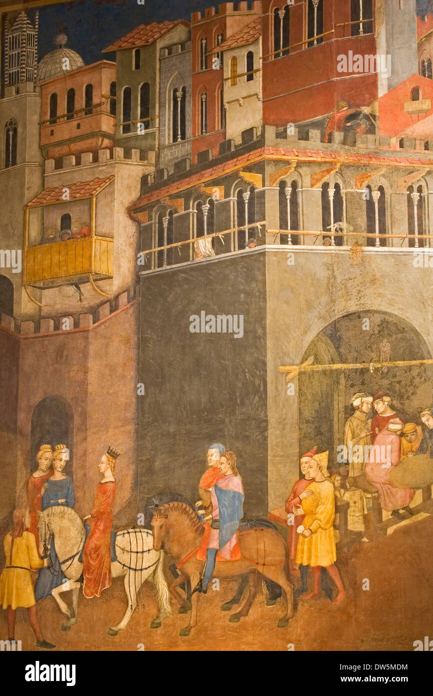 Europa, Italia, Toscana, Siena, palacio del ayuntamiento, el museo civico, il buon governo por Ambrogio Lorenzetti (AD 1340) Foto de stock
