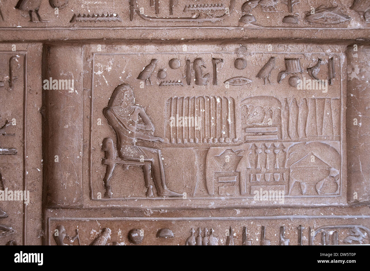Y Reliefwork hieroglyps en la puerta falsa en la mastaba de Anus en Sakkara Foto de stock