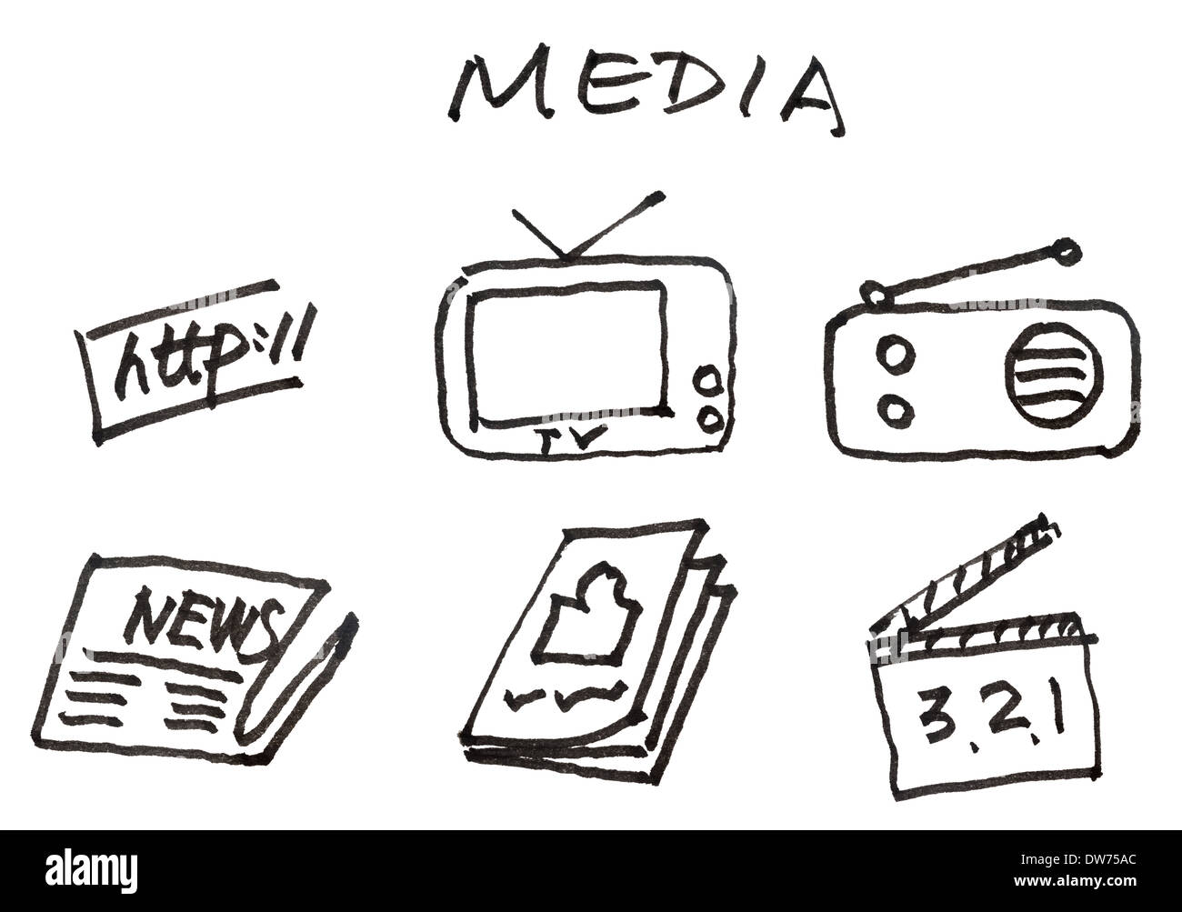 El grupo de medios de comunicación símbolo dibujado sobre fondo blanco. Foto de stock