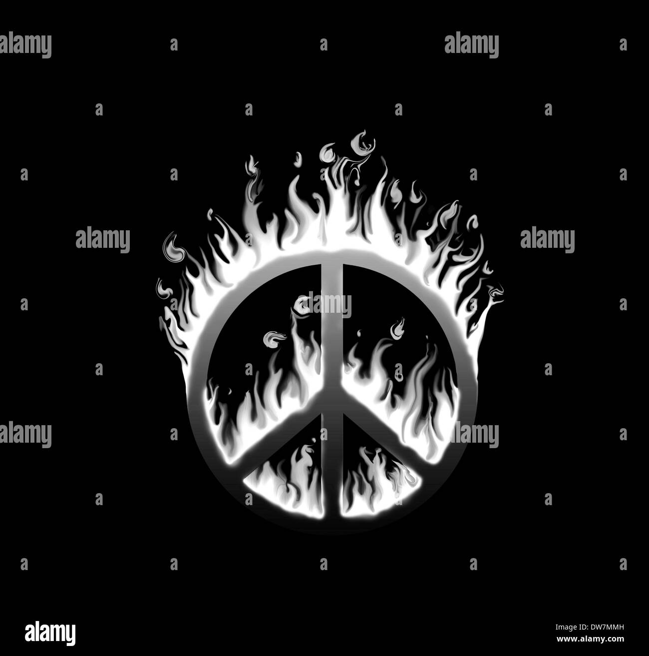 Símbolo de paz en llamas - Concepto de especies en peligro de la paz; en blanco y negro Foto de stock