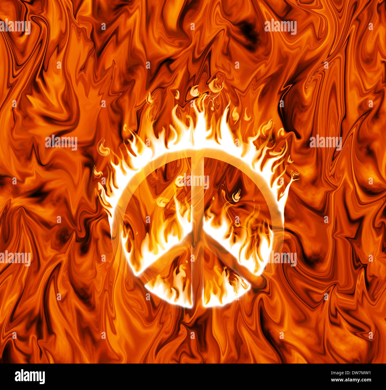 Signo de paz envuelta en llamas, sobre fondo infernal Foto de stock